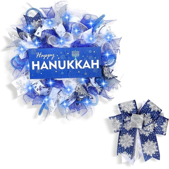 Happy Hanukkah🕎Chanukah🕎Lighted Door 18 inch Wreath w Bows🎀 - Picture 12 of 12